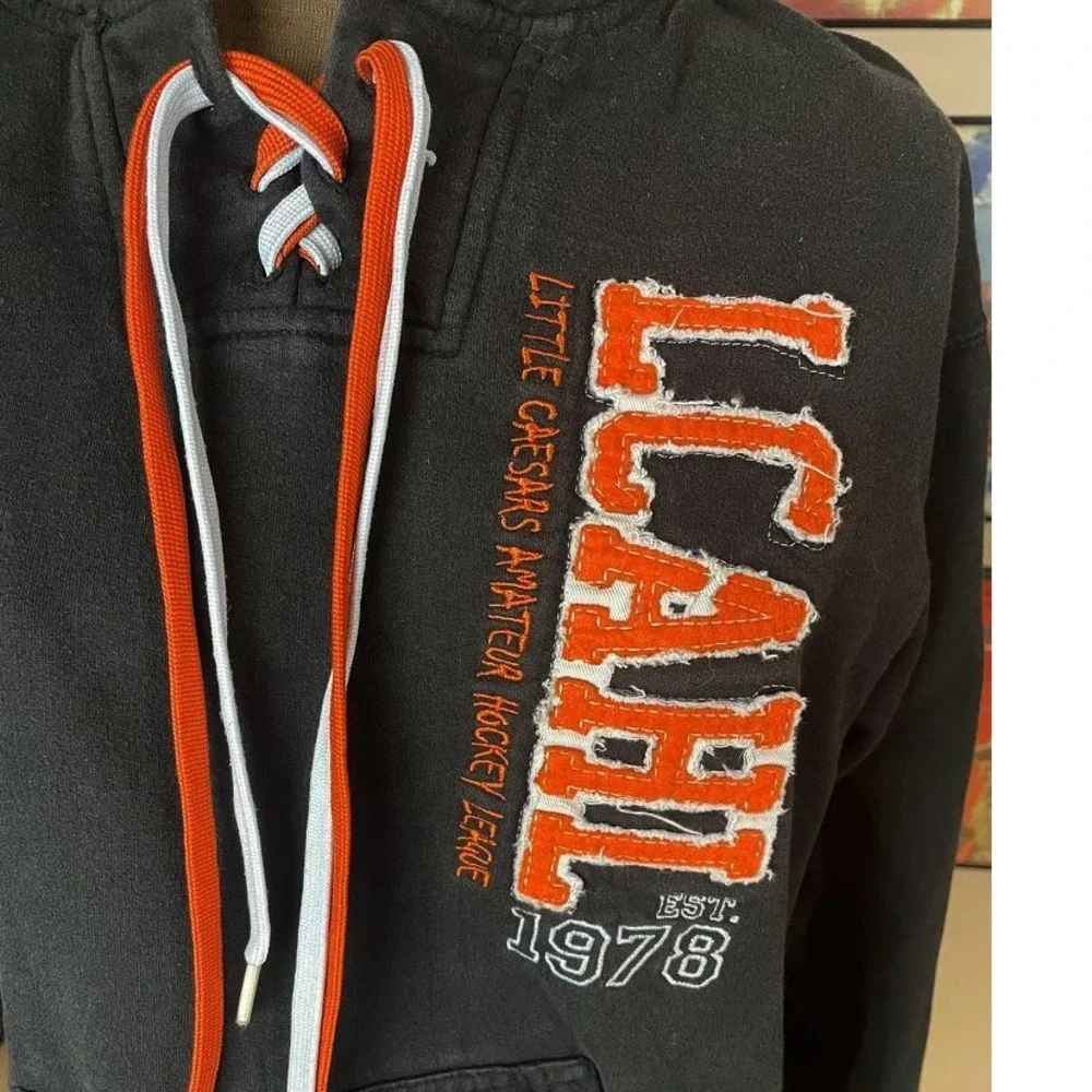 Mens (M) Black Hoodie LCAHL Amateur Hockey Pennant Orange Fabric Letters Cotton